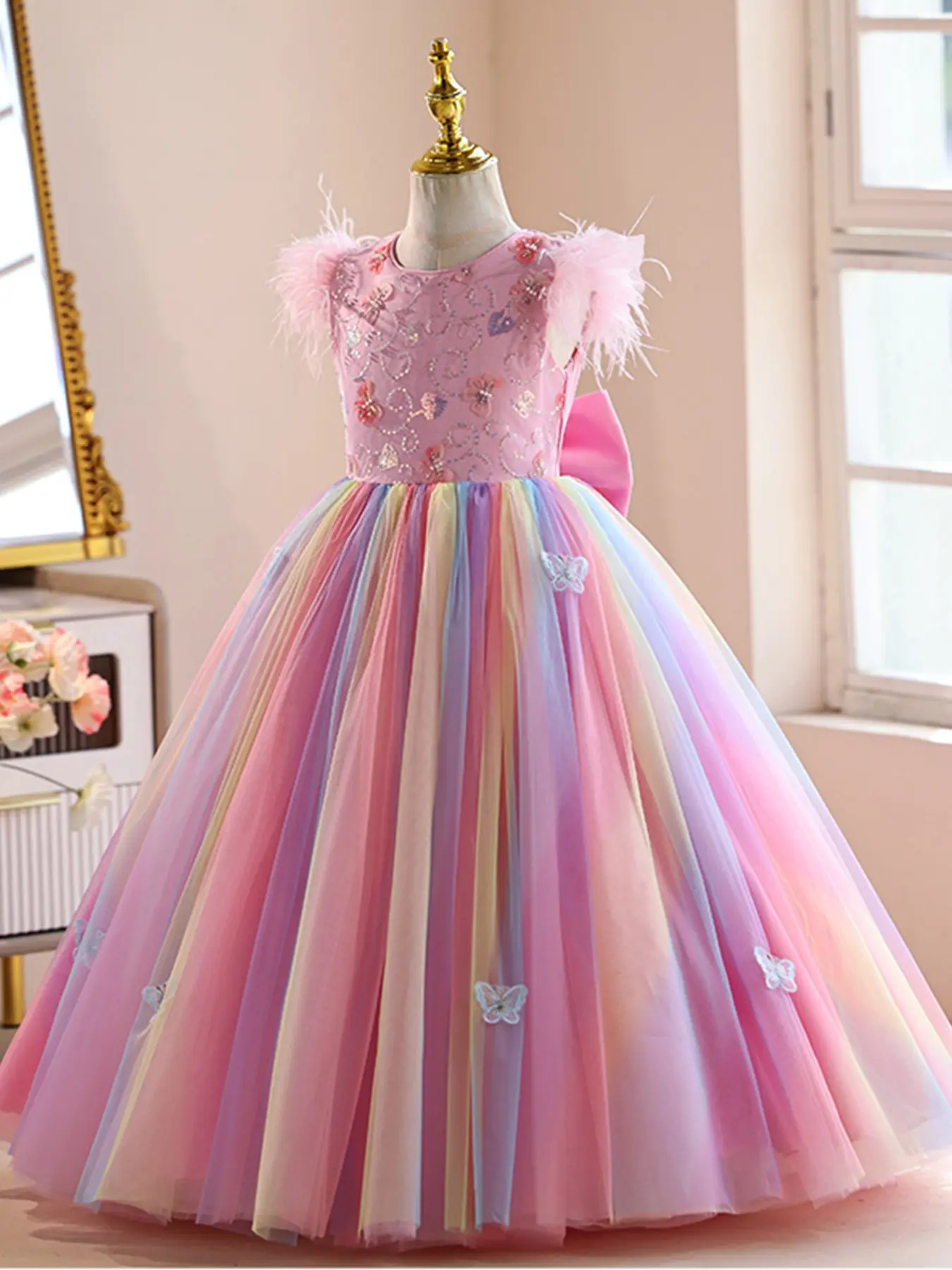 Girls Rainbow Tulle Princess Ball Gown, Feather Shoulder Rhinestone Embroidery Butterfly Applique Maxi Dress, Big Satin Bow Back Formal Pageant Dress for Little Kids Girls, Birthday Party Wedding Flower Girl Christmas Evening Performance Costume