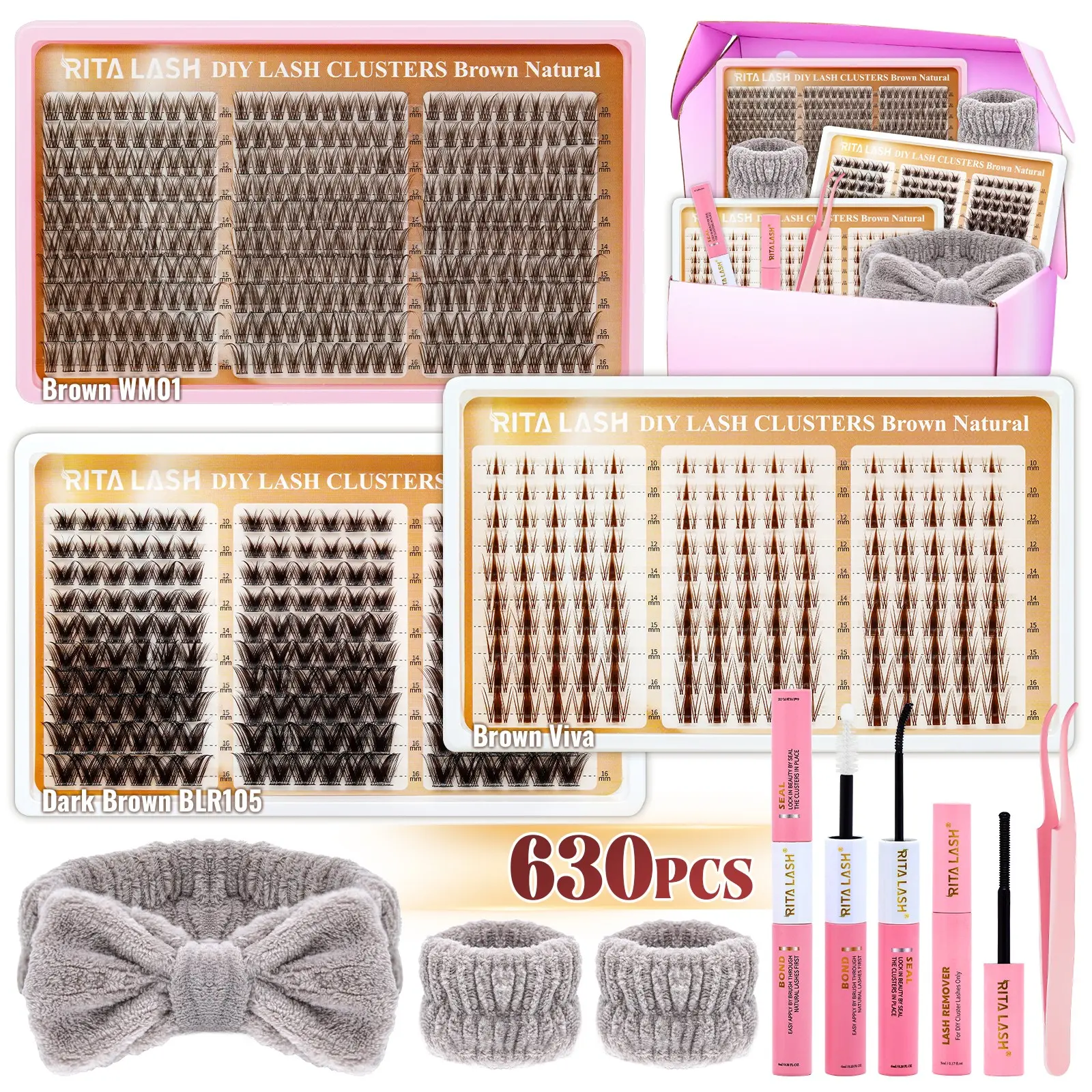 RITALASH 630PCS Brown Lash Clusters Kit Natural Wispy Volume Focused Lashes Cluster Dark Brown Eyelash Clusters Kit  Large Pack Set Volumized Fake Eyelashes For DIY Waterproof & Long - Lasting (WM01-BLR105-Viva)