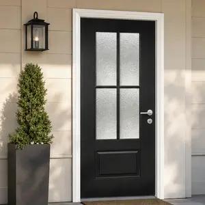 ARCH 36x80 Fiberglass Front Door with White PVC Frame Left-Hand Inswing Exterior Entry Door Black Contemporary Minimalist Brushed Skin Frosted Glass True Divided Light Prefinished Weather-Resistant Durable Polyurethane Foam Core Insulated