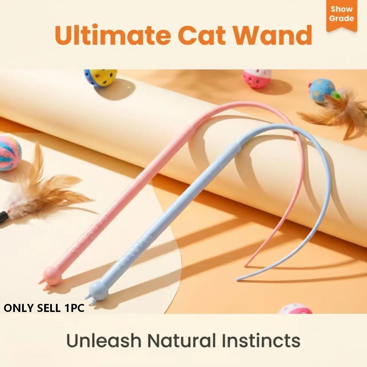 Show Grade 77cm Long Cat Wand, Unbreakable PVC Mouse Tail, Non-Toxic ABS Material, Unique Anti-Slip Textured Cat Head Handle, Professional Hunting Self-Play Toy, Relieve Boredom Release Instincts, Interactive Teaser for All Cats & Multi-Cat Households
