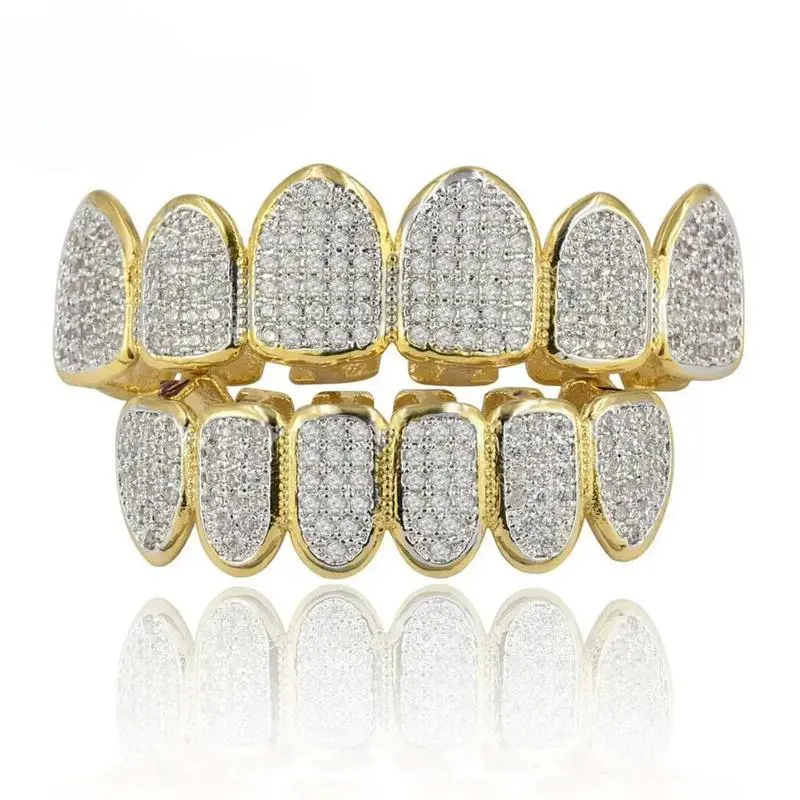 IH Gold Tone Iced Grillz Top Bottom 8 Teeth 18K Gold Plated Natural Sri Lanka Zircon Hip Hop Chicano for Men Women Daily Wear Gift