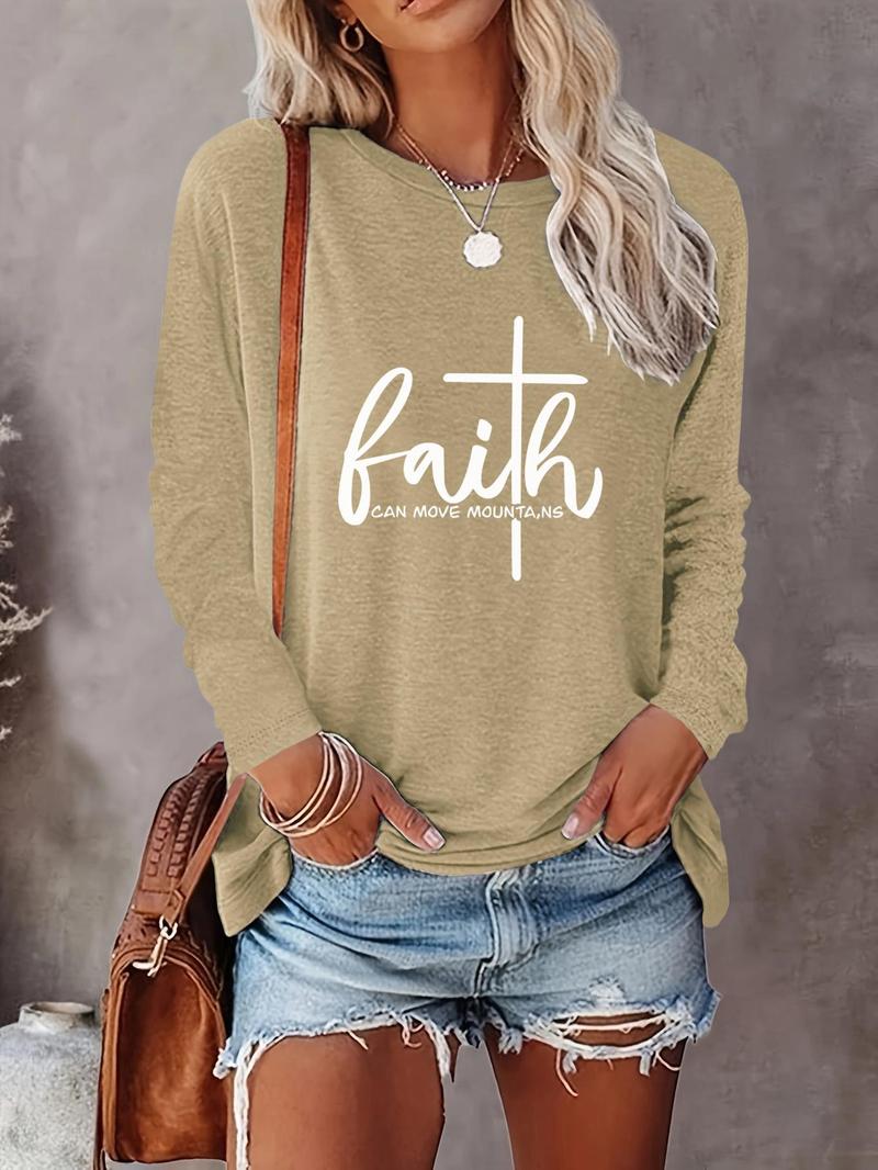 Women's Letter Print Round Neck Tee, Casual Long Sleeve T-shirt, Women's Spring & Fall Top for Daily Wear