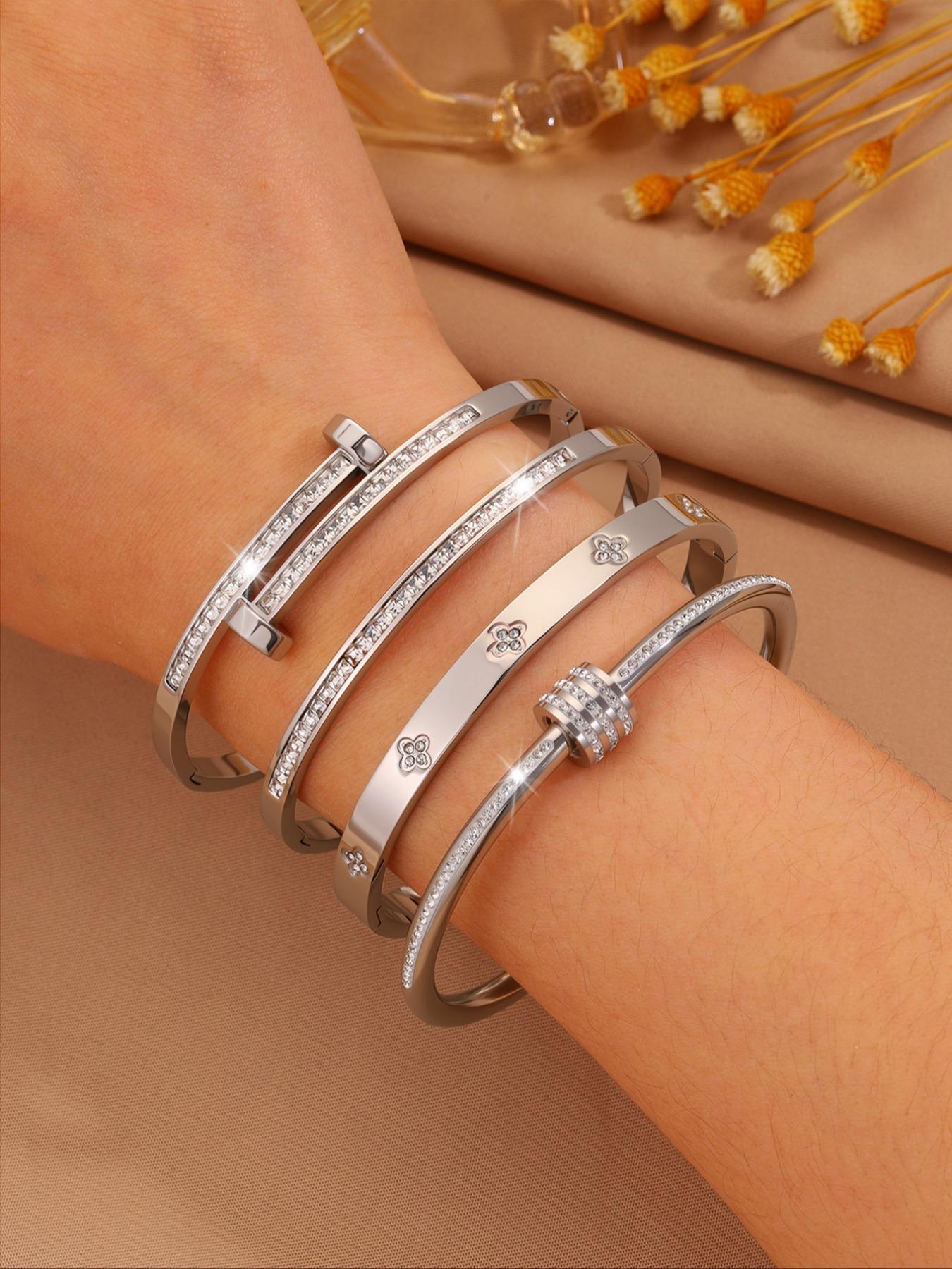 Elegant Stainless Steel Set, Stylish Daily Wear Jewelry, Perfect for Vacation, Fashionable Accessory for All Seasons, Trendy Stack Bangle, Stainless Steel Bracelets