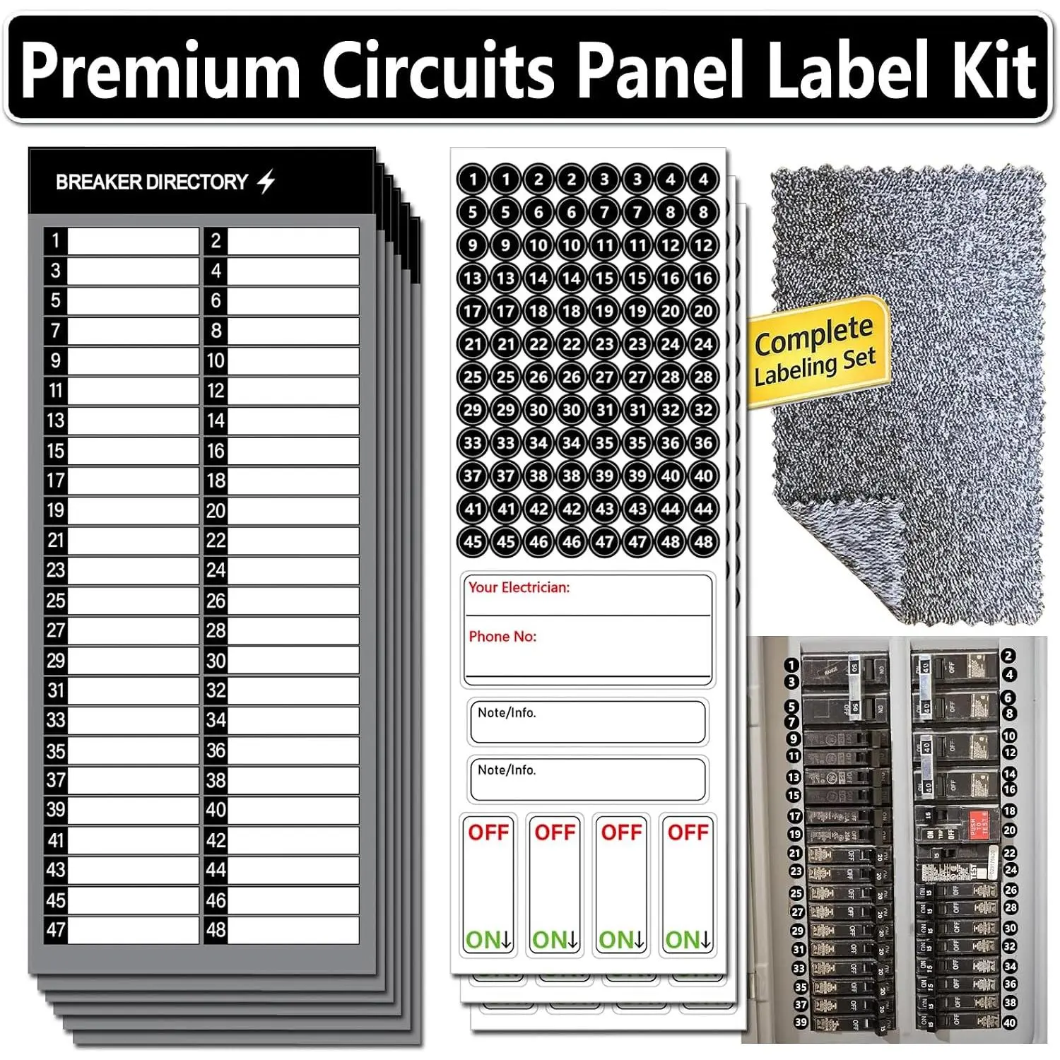 Electrical Panel Labels Kit – 48 Circuit Breaker Stickers,   Easy-Read Fuse Box Labels with Directory Sheet & Cleaning Cloth for  Garage (48 Circuits *Black)