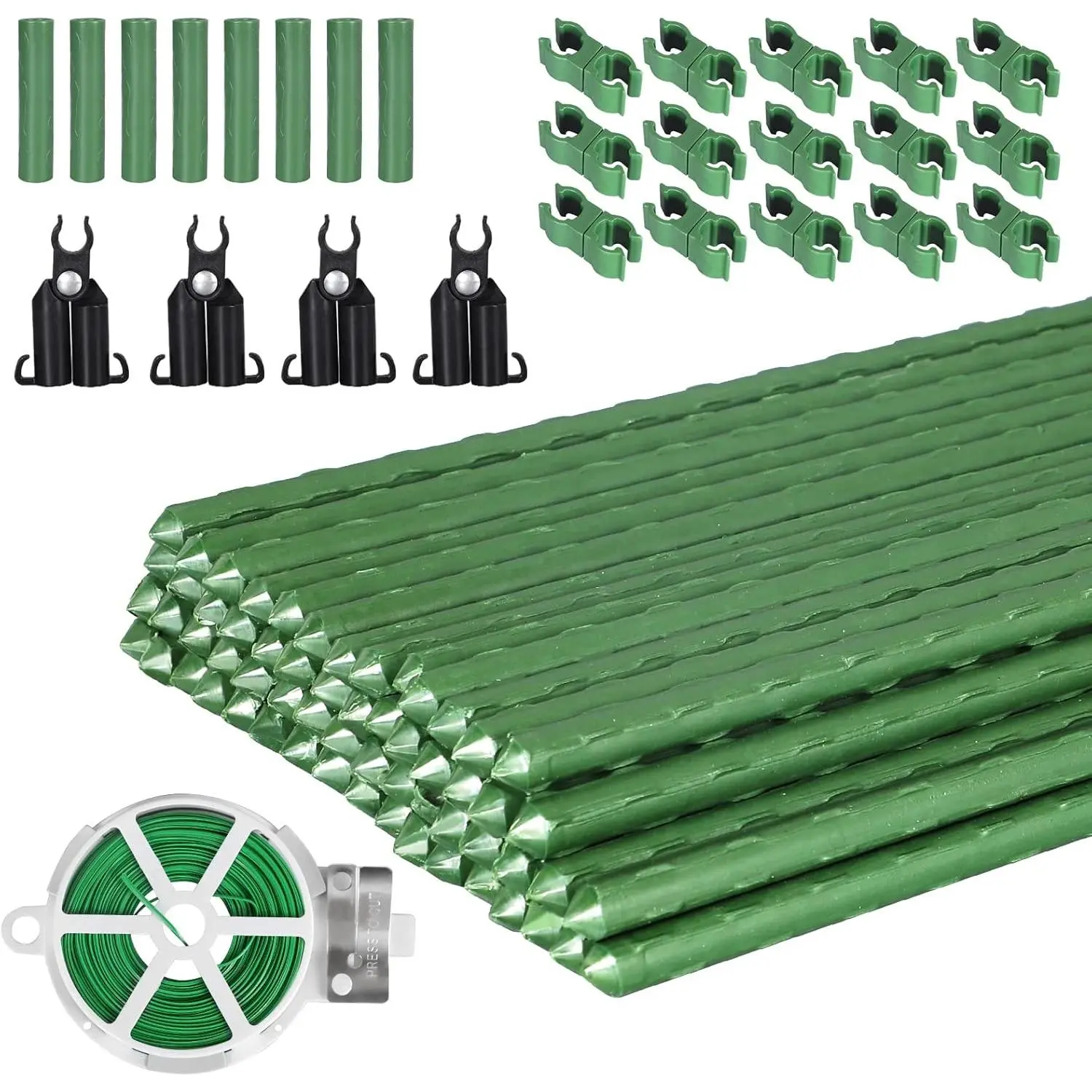 Garden Stakes 60 Pack, 16 Inch Each, DIY 3ft 4ft 5ft 6ft 7ft Sturdy Steel Plant Stakes with 50 Connectors, 30 Rotatable Clips, 10 A-Type Connecting Pipe and 164 Feet Twist Tie for Climbing Plants