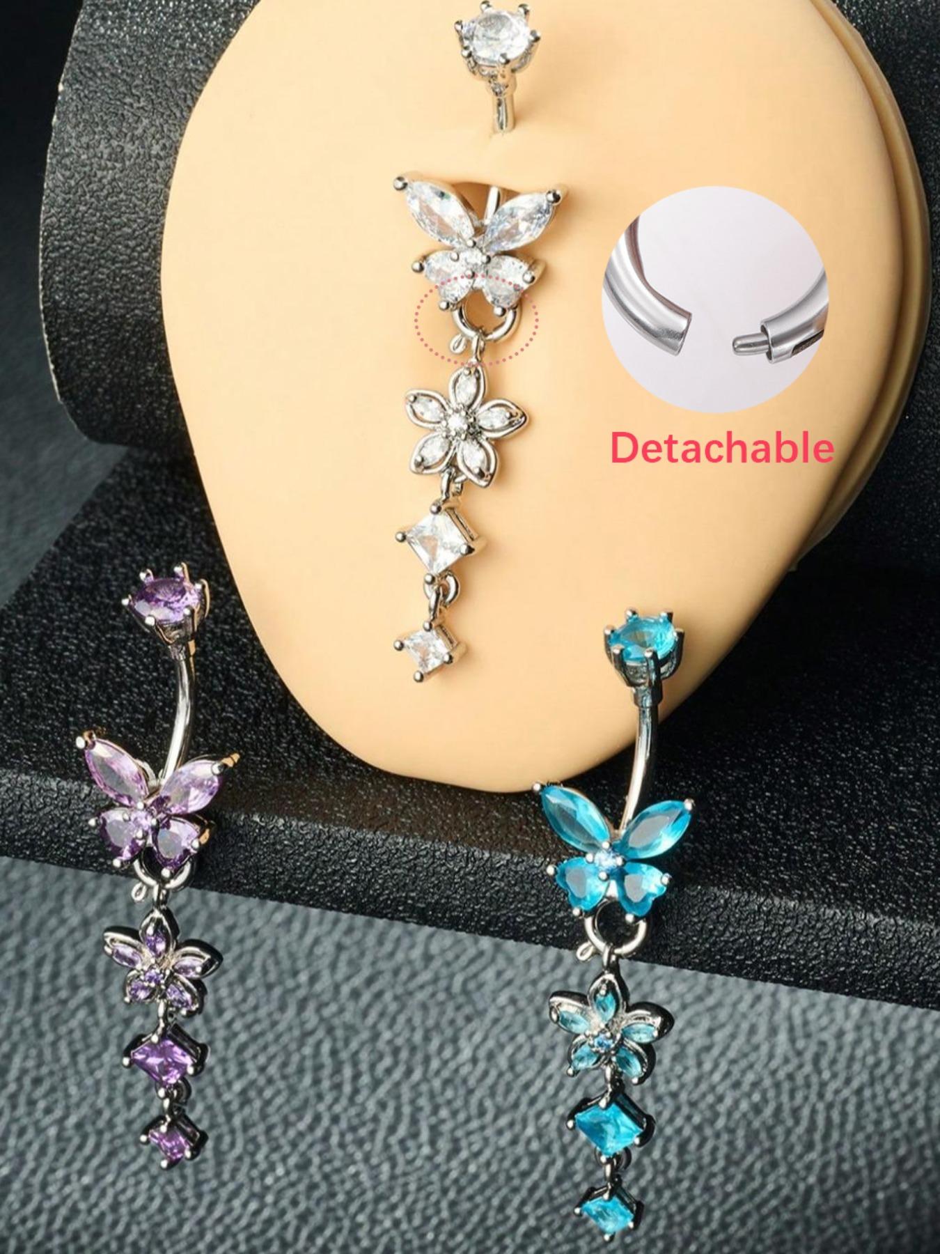 Detachable Flower Dangle Belly Button Ring Cute Butterfly Removable Belly Rings Stainteel Steel Navel Piercing Jewelry For Women, 10mm Silver Pink Purple Blue Belly Button Piercing Body Piercing 14Gauge