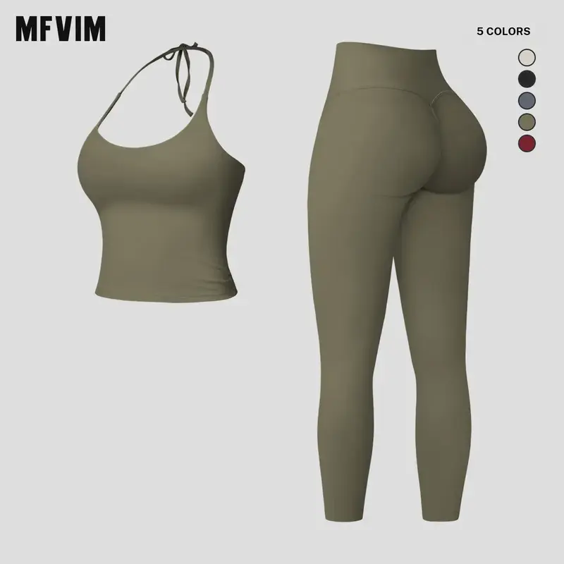 MFVIM Women's 2-Piece Halter V-Neck Sports Set - High-Waist Butt-Lifting, No Uncomfortable Lines, Gym Workout Apparel, Workout Sets Women, Travel & Camping Essentials (Fitness, Running Use)