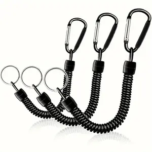 2pcs Black Elastic Spring Coil Keychain Set with Ring - Extendable Outdoor Buckle, 15lb Test Strength, Built-in Steel Wire, Aluminum Alloy, Perfect for Camping & Hiking