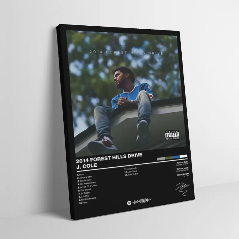 J Cole singer 2014 Forest Hills Drive Album Canvas Art - Man Blue Sports Jersey Sitting on Roof Looking Down Artistic Poster Wall Hanging, Hip Hop Music Tracklist Fabric Poster paintings, Dorm Room Decor, Art Print, Hypebeast Decor