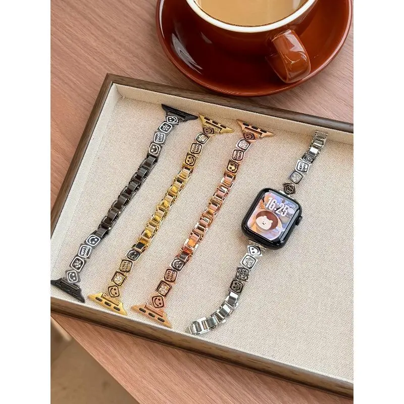 Fashion Metal Smiley Face Crystal Watch Band - Wearable, Lightweight, Durable, Easy-to-Adjust Metal Chain with Deployant Clasp with Safety, Multiple Fits Accessory for Apple Watch 10,9,8,7,6,5,4,3,2,1,SE, Everyday Outfits