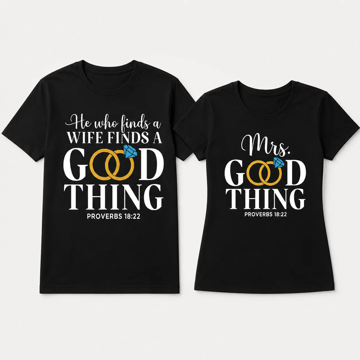Buy Two Matching Couple T-Shirts - 'He Who Finds a Wife Finds a Good Thing' & 'Mrs. Good Thing' - His & Hers Valentine's Day Casual Round Neck Tees, Black with White Text & Ring Graphics, Perfect for Spring Outfits
