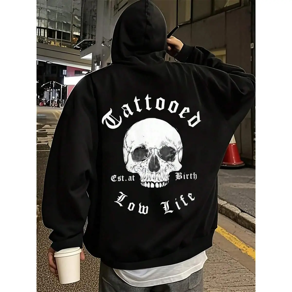 Hooded Sweatshirt With Skull Tattoo Design And Text Tattoo, Featuring A Casual, Loose Streetwear Print, Suitable For Both Men And Women