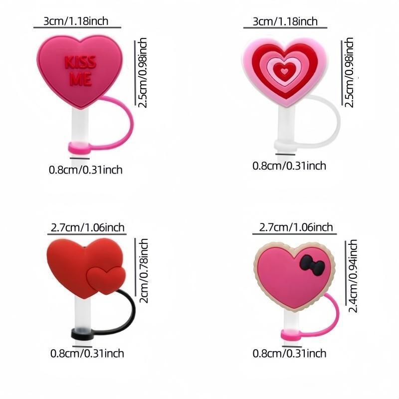 Valentine's Day Heart Shaped Straw Cover Cap, 4 Counts Cute Straw Cap, Drinkware Accessories for 7~8mm Straws, Home Kitchen Party Supplies