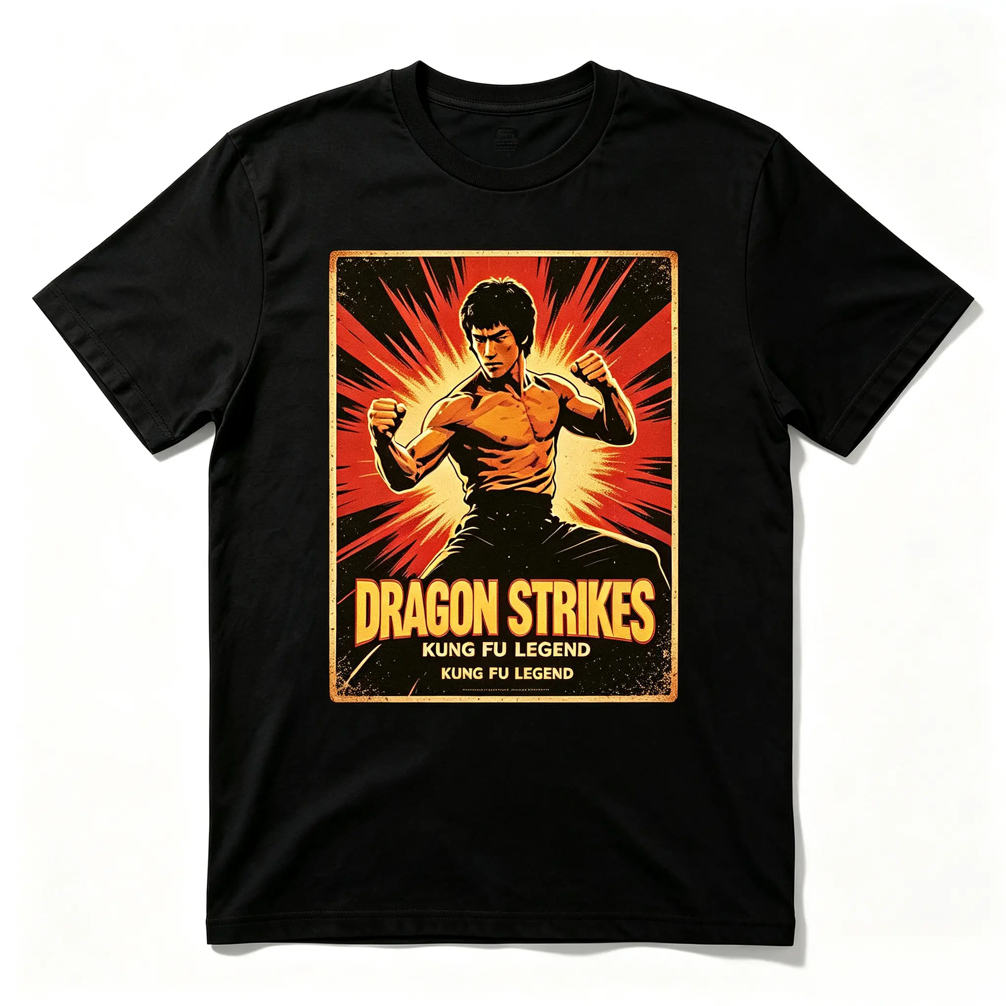 Men's Comfy Shortsleeve Tshirt - Bruce Lee Dragon Strikes Retro Poster Graphic, Kung Fu Legend Vintage Streetwear Menswear Sports Top, Casual Gift for Martial Arts Fans, S-5XL, Black/White, Soft