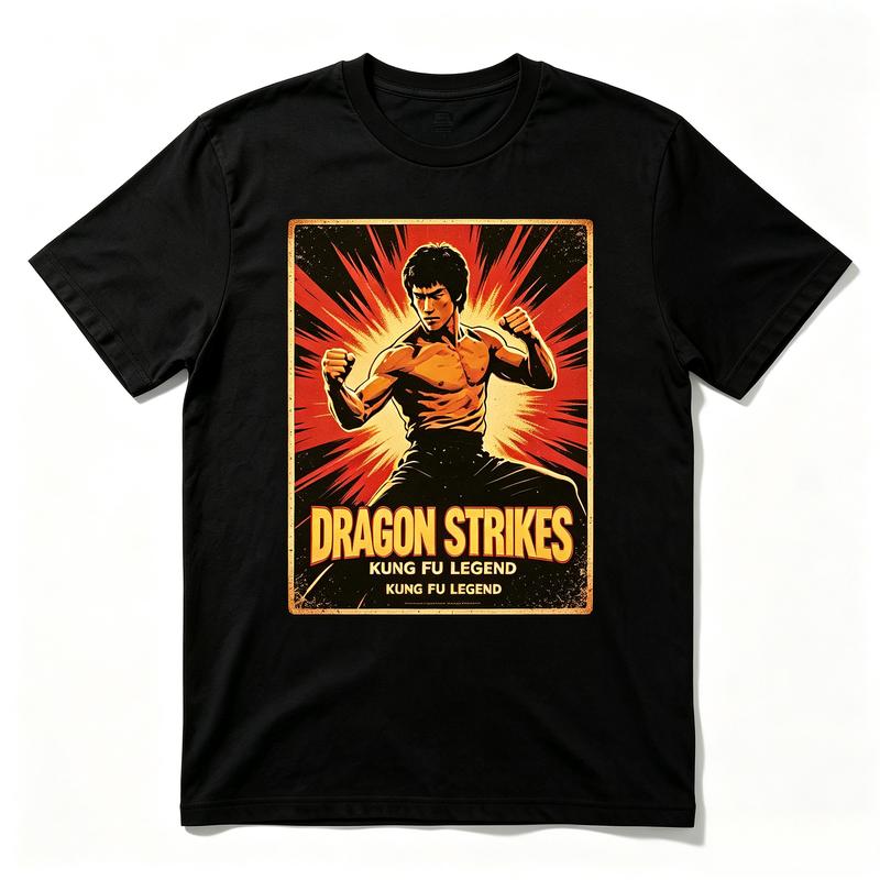 Men's Comfy Soft Fitted Cotton Round Neck Shortsleeve T-Shirt - Bruce Lee Dragon Strikes Retro Poster Graphic, Kung Fu Legend Vintage Streetwear Casual Wear Top, Gift for Martial Arts Fans, S-5XL, Black/White