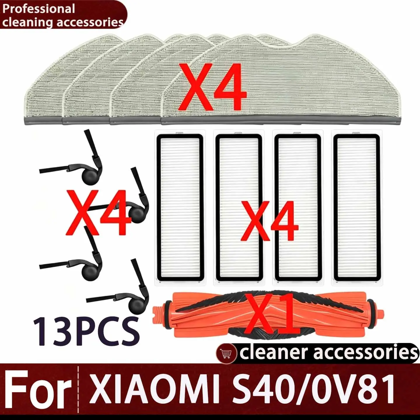 13-Piece Xiaomi Robotic Vacuum Cleaner Kit, Compatible with S40/ov81, Includes Main Brush, Hepa Filters, Side Brushes, Mops