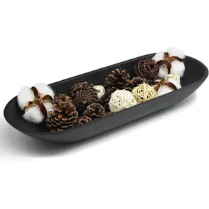 LIN CHUAN Large Decorative Bowl for Home Decor - Long Dough Bowl with Anti Slip Base for Table Centerpieces - Black Minimalist Design Dough Decor Bowl for Coffee Table, Dining Table Centerpiece