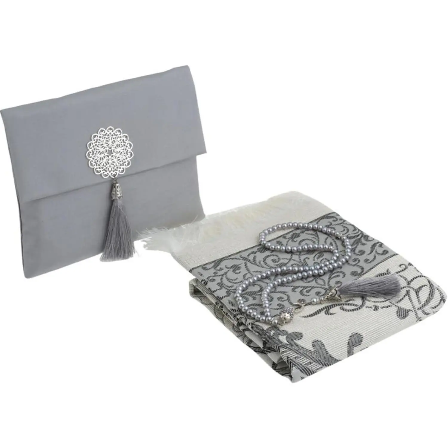 Prien Muslim Prayer Rug Set with Tasbih & Portable Bag, Soft Turkish Sajadah Pray Mat, Islamic Gifts for Men Women, Ideal for Ramadan Eid Hajj Mubarak Travel Daily Prayer (Grey)
