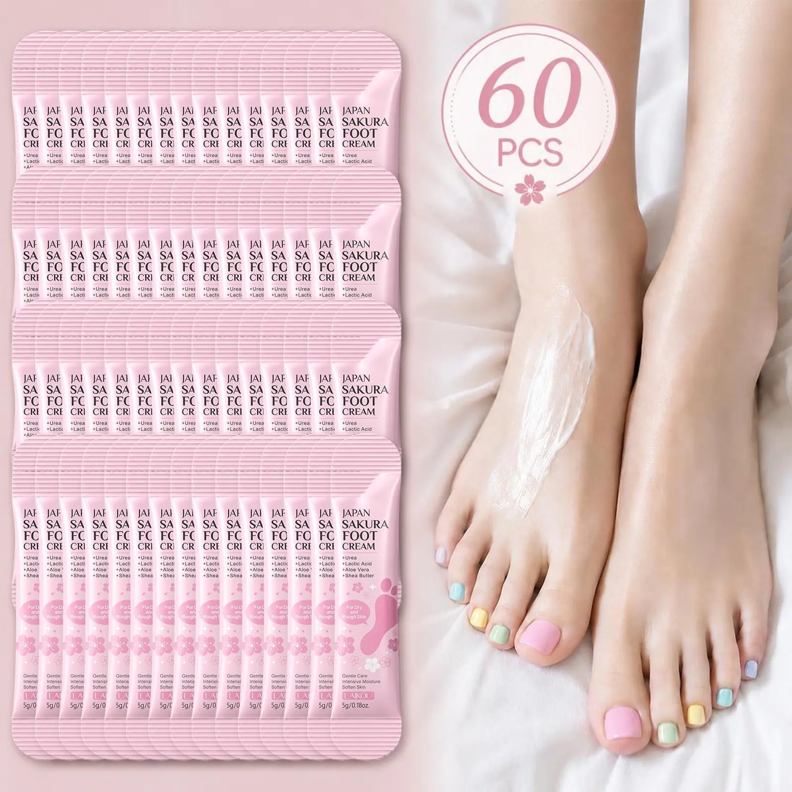 60Pcs Sakura Foot Repair Cream for Dry Feet and Heels, Cracked Heel Balm, Moisturizing Foot Lotion, Travel Size Lotion, Callus Softener Repairs Very Dry, Rough Skin, Non Greasy w/Sakura Blossom, No-Scrub Exfoliator and Moisturizer for Healthy Feet