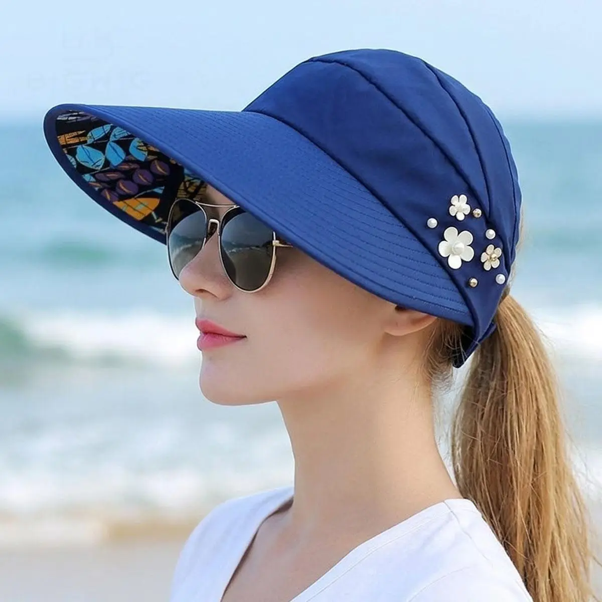 Women's Wide Brim Sun Visor Hat with Floral Print & Pearl Flower Decor, Foldable UPF 50+ Summer Beach Accessory, Ponytail Friendly & Adjustable Fit, Flowers, Accessories For Women, Hats For Women