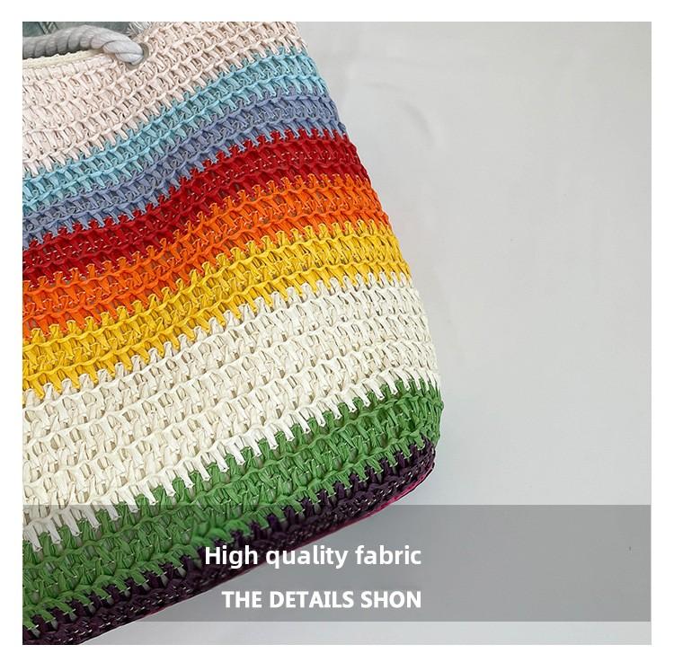 2026 New Women Fashion Shoulder Bag Rainbow Striped Color Block Straw Bag Large Capacity Beach Bag for Vacation