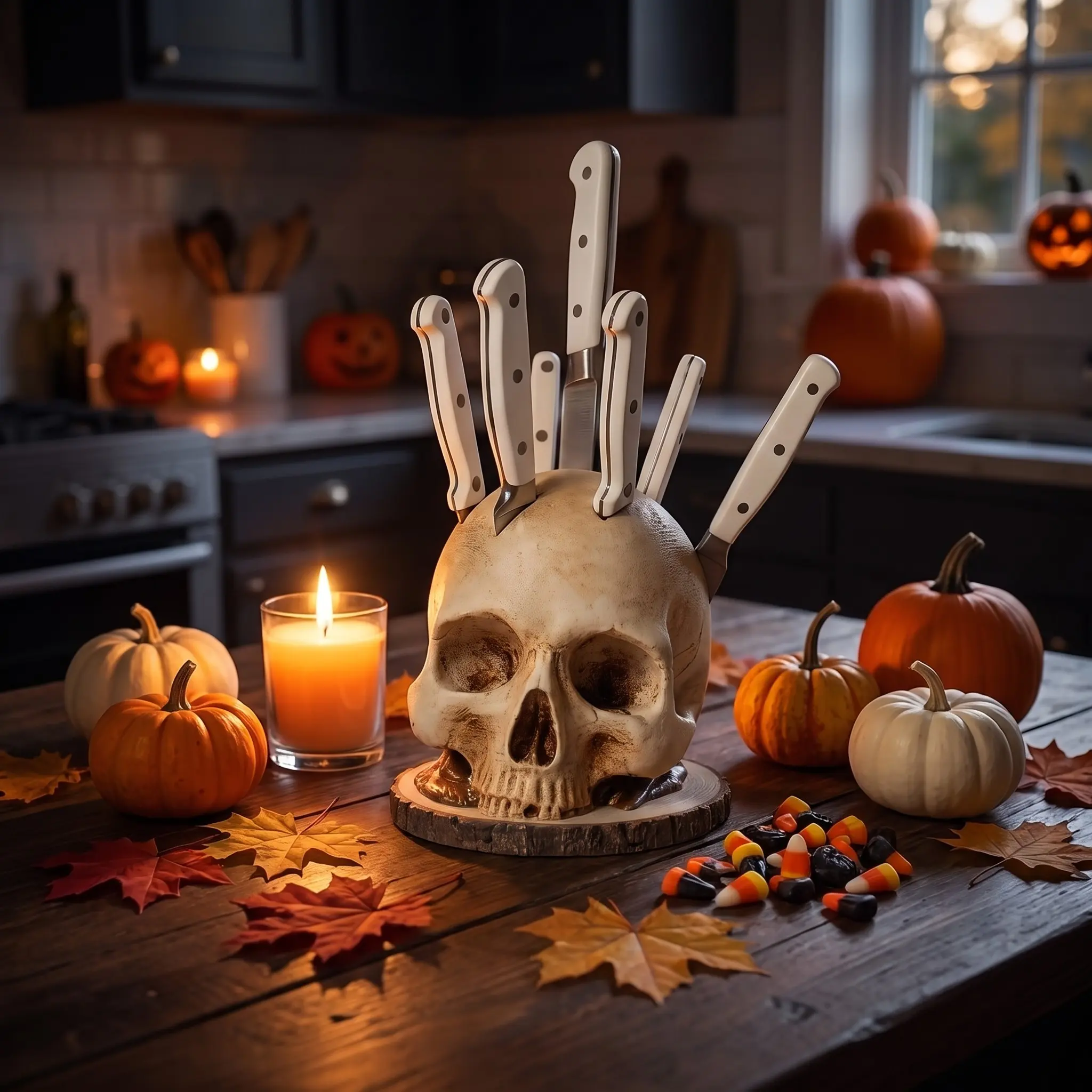 Skull Knife & Fruit Storage Rack, Skeleton Head Kitchen Organizer, Gothic Countertop Decor, Utensil Slots, Home & Party Decor