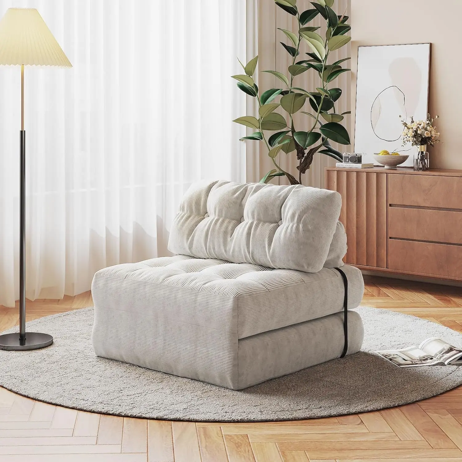 Folding Sofa Bed, Futon Sofa Bed, Floor Folding Couch for Living Room, Convertible Sleeper Chair with Pillow Foldable Mattress Back Support, Portable Fold Out Couch, Single Corduroy Beige