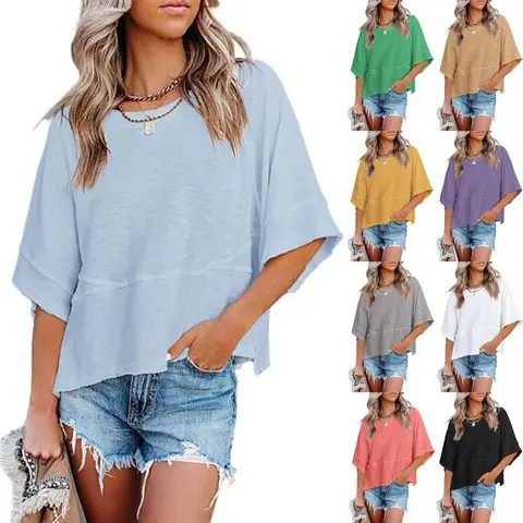 Goranbon Women's Summer Casual Crewneck 3/4 Sleeve Cotton Chiffon Batwing T-Shirts - Breathable, Breezy, Solid Color, Loose Fit, Dressy Basic Tops for Women, School & Day Wear