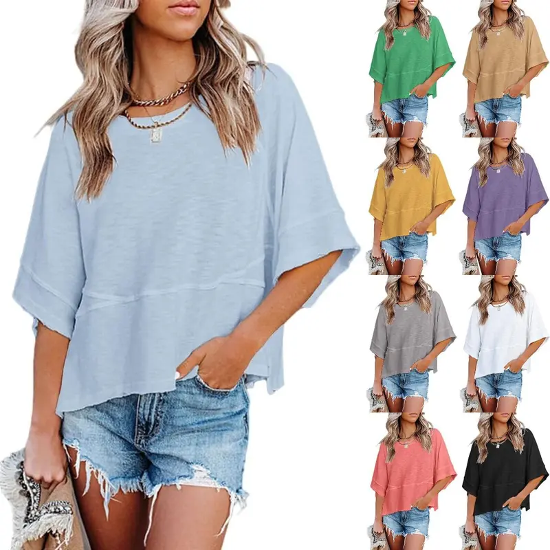 Goranbon Women's Summer Casual Crewneck 3/4 Sleeve Cotton Chiffon Batwing T-Shirts - Breathable, Breezy, Solid Color, Loose Fit, Dressy Basic Tops for Women, School & Day Wear