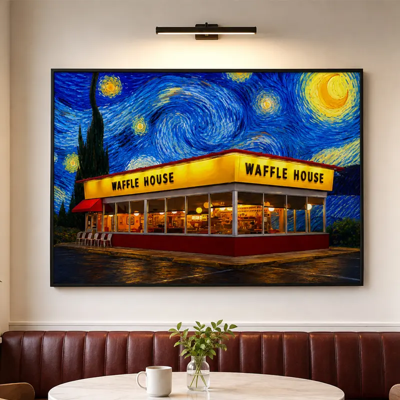 1pc Colorful Starry Sky Waffle House Canvas Print - Brightly Lit Warm Diner Wall Art for Living Room, Kitchen Decor, Retro Poster, Restaurant Art, Housewarming & Festival Gift