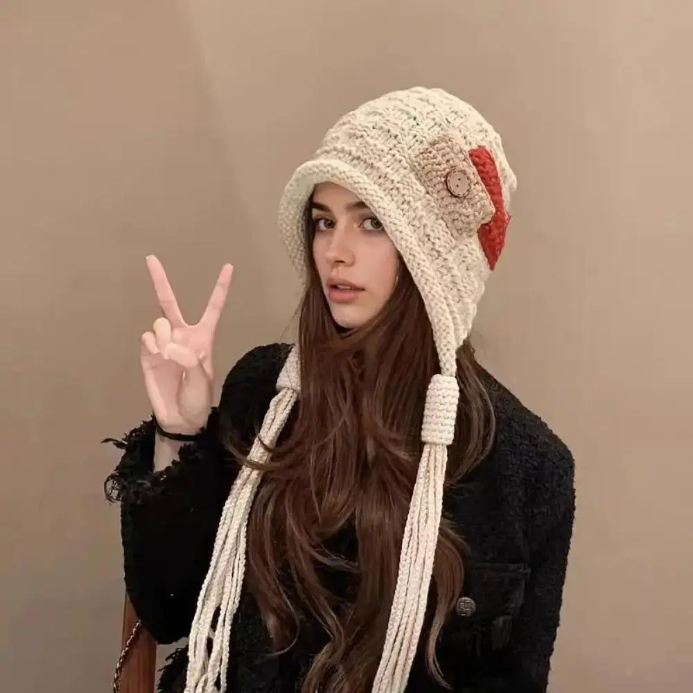 Women's Knit Earflap Hat Set - 2-in-1 Patchwork Knitted Cap with Attached Neck Warmer, Tassel Detail, Windproof Thermal Headwear for Outdoor Skiing Activities