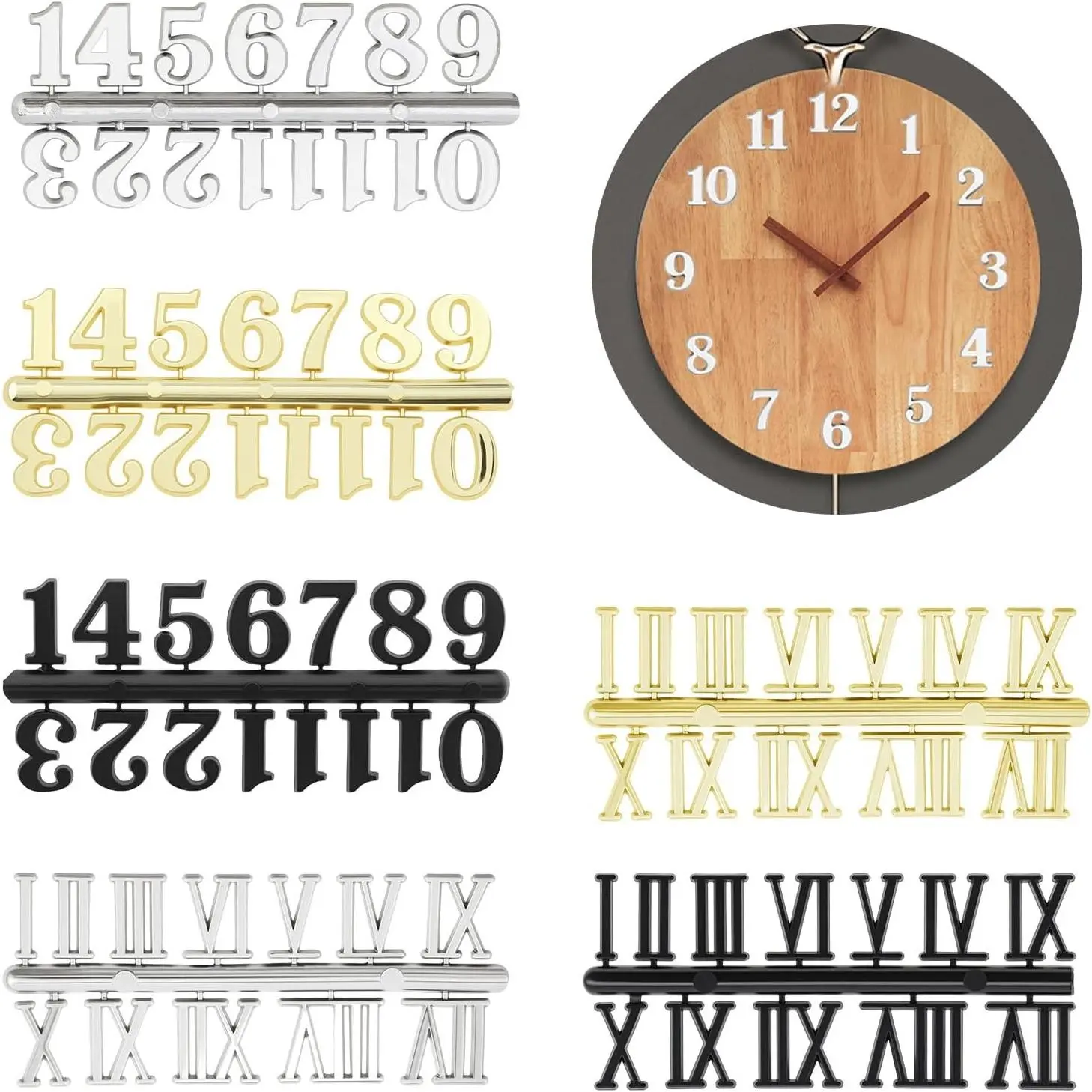6 Sets Arabic & Roman Clock Numbers Without Self-Adhesive for DIY Digital Decoration Clock Accessories Repair (3 Sets Arabic + 3 Sets Roman, Tricolor Each)
