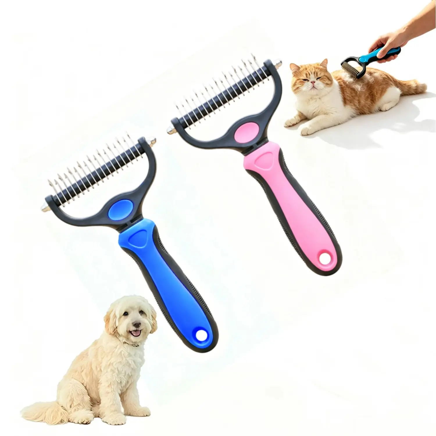 Pet Grooming Brush-Double Sided Hurtless Shedding and Dematting Undercoat Rake Comb for Dogs and Cats, No More Nasty Shedding or Flying Hair, Pet Grooming Tool, Christmas Pet Supplies Gift