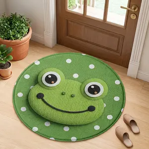 Cute Green Frog Smiling Face Polka Dot Round Area Rug Doormat, Comfortable Soft Plush Flannel Carpet with Non-Slip Backing, Washable Indoor Decorative Floor Mat for Nursery Kids Baby Room Bedroom Playroom Home Decor, Fun Cartoon Animal Circle Rug