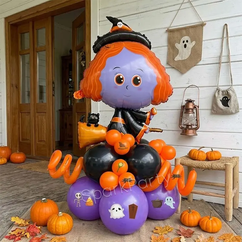 Halloween Witch Theme Party Decoration Balloon Set, 17pcs, Giant Aluminum Foil Balloons, & Latex Balloons, Halloween Stickers