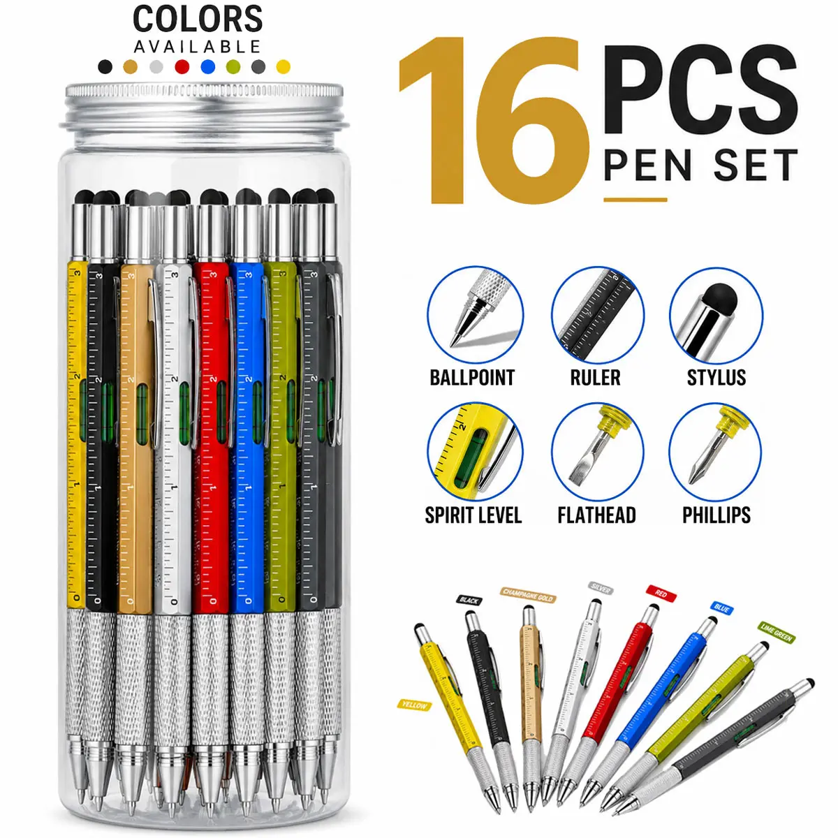 16pcs/box Multifunctional Tool Pen 6-In-1 Gel Pen Set, Includes Ruler, Bubble Level, Screwdriver Head, Portable Metal Pen for Office and Home Use