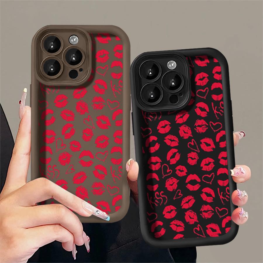 Phone Case: 1pc Red Lip Print Heart Kiss Phone Case Suitable for Apple iPhone 17 E Air Pro ProMax iPhone16 15 14 Plus 13 12 Mini 11 X XS XR Antidrop Shock Proof All Inclusive Lens Protection Girlish Style Cute Can