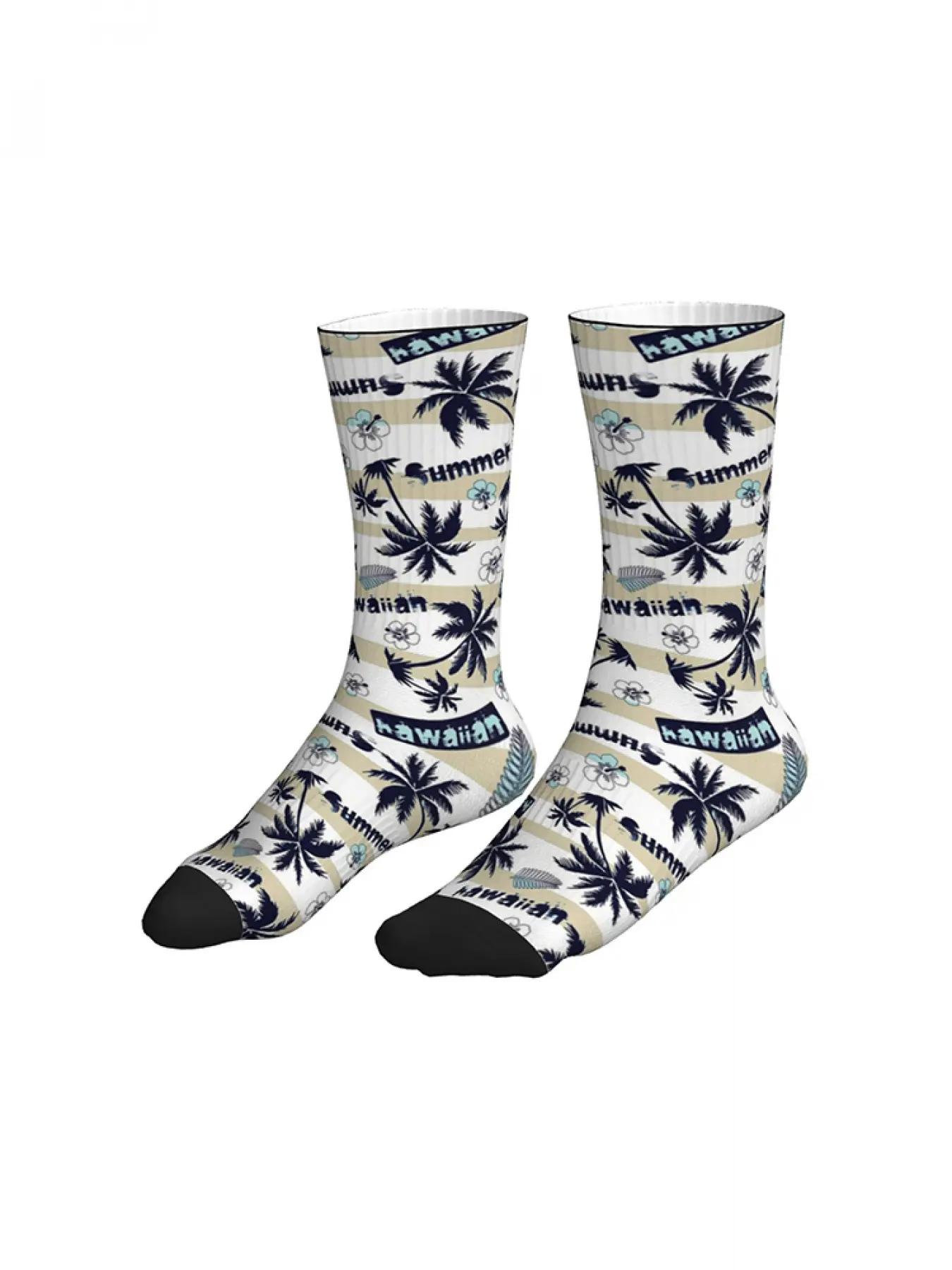 KhakiStripeHawaiianPalmHibiscusVacationCasualCrewSocks