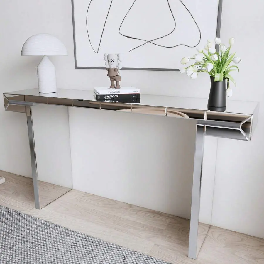 60 Inches Luxury Full-Length Mirror Console Table With Fluted Tempered Glass, Entryway Mirrored Sofa Table,  Style, Scratch-Resistant, Reinforced Packaging,Adjustable,Mobile,Standing,gaming,desk,office,,affordable,dining,bedroom,vanity,hidden,compartment,