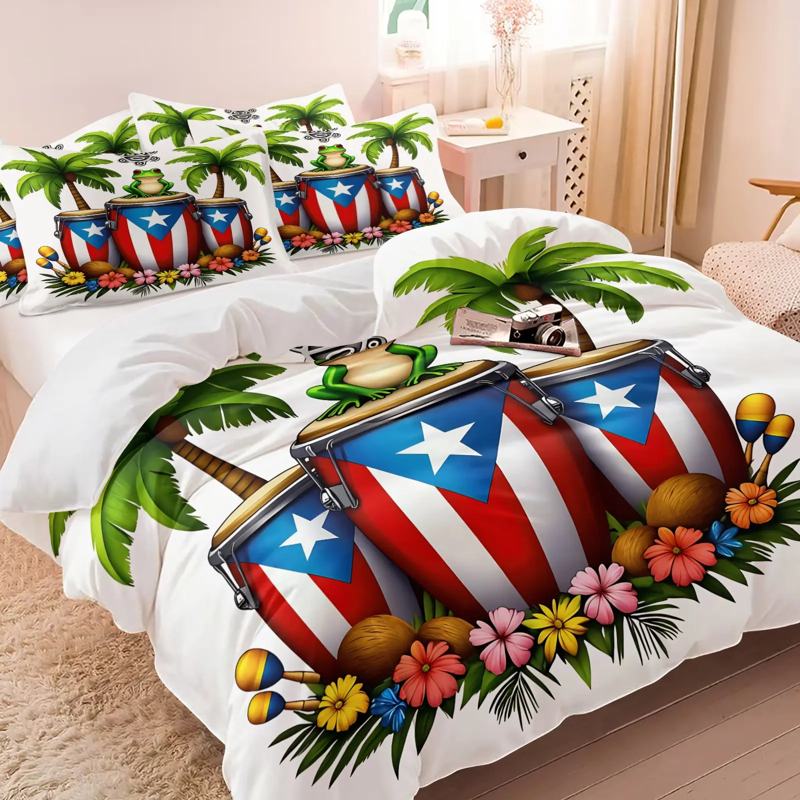 Caribbean Tropical Puerto Rico Duvet Cover Set - 1 Duvet and 1-2 Coreless Pillowcases - Flag Conga Drum Coquí Frog and Tropical Elements - Soft Comfort Daily Life and Folk Culture Bedroom Decor