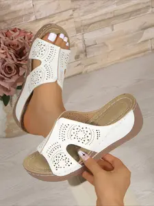 Vintage hollow wedge slide sandals with carved breathable upper, cushioned insole & anti-slip thick sole, comfy for daily casual wear.