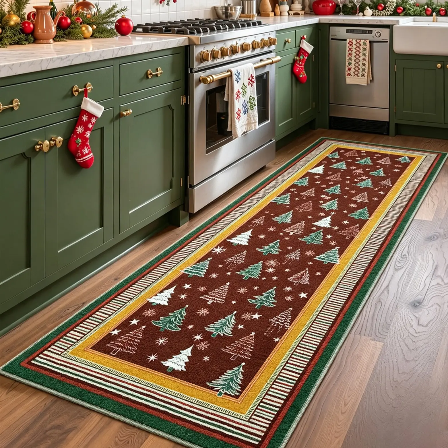 Vintage Christmas Tree Kitchen Runner Mat, Soft Rectangular Rug, Non-Slip, Home Decor for Living Room, Bedroom, Bathroom, Kitchen, Hallway