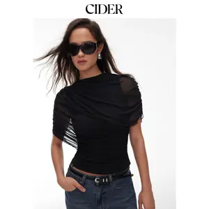 Cider Mesh Round Neckline Ruched Short Sleeve Top Dealsforyou