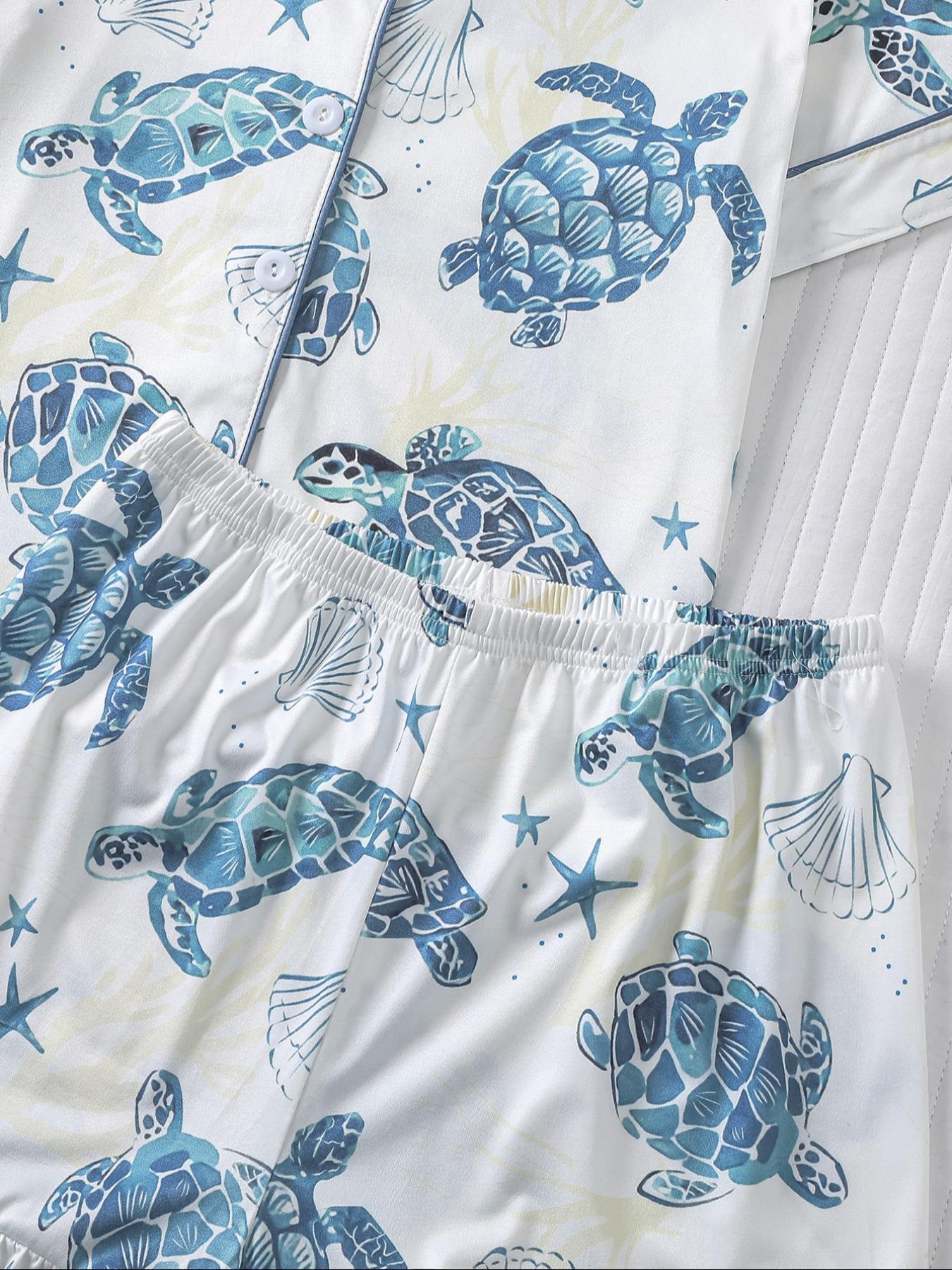 Kids Cartoon Star Turtle Print Pajama Two-piece Set, Cute Comfy Short Sleeve Lapel Neck Pj Set, Kids Sleepwear for All Seasons, Sleepwear Pajamas