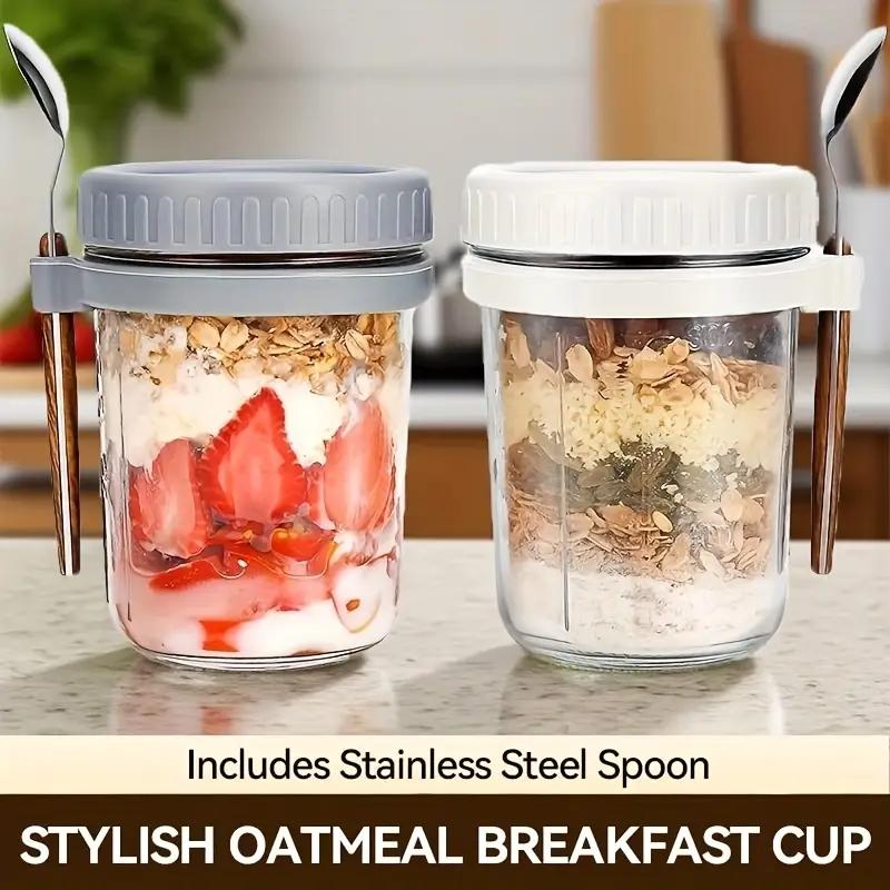 12oz Glass Salad Jar with Spoon, Portable Overnight Oatmeal Cup, Reusable Yogurt Container for Breakfast, Healthy Eating Containers, Perfect Gift for Holidays