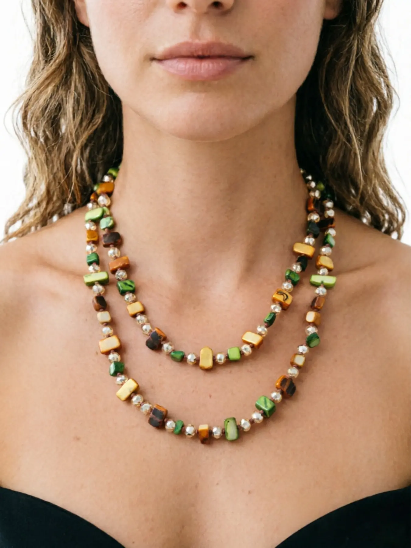 Vintage Olive Amber Beaded Necklace, Boho Earth Tone Long Necklace, Women's Geometric Bead Jewelry, Forest Bohemian Style Accessory