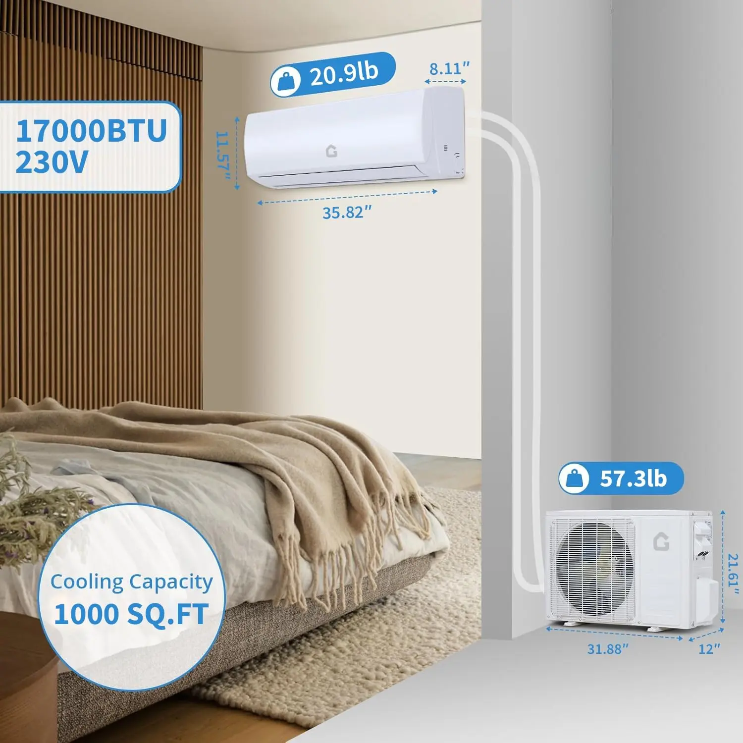 17000 BTU Ductless Wall Mounted Mini Split Heat & Cool Air Conditioner - 230V Inverter, Ultra Quiet, WiFi Control, R32 Refrigerant, 20 SEER, Cools/Heats Up to 1250 Sq.Ft, ETL Listed, Installation Kit Included