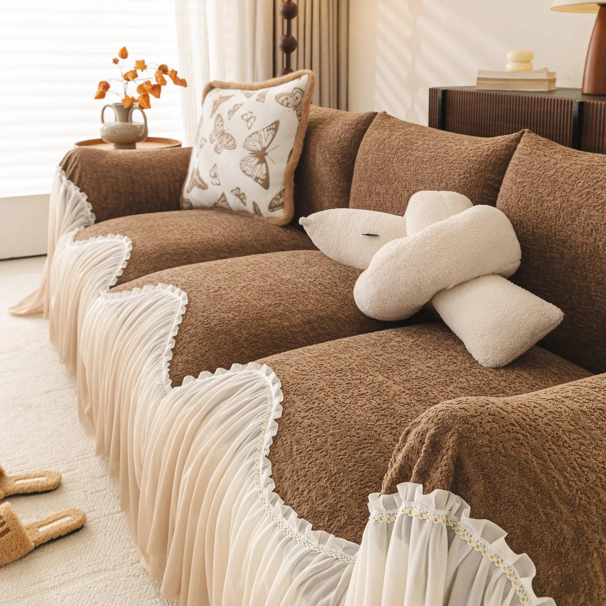Ruched Skirt Sofa Cover, Soft Texture Universal Sofa Protector, Non-Slip Furniture Guard, Ideal for Home Living Room & Commercial Spaces