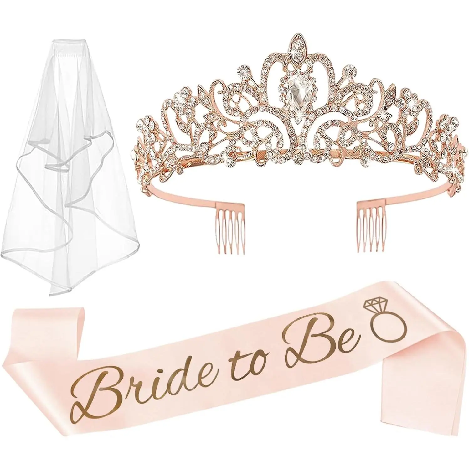 3 count Bachelorette Party Decorations Bridal Shower Crown, Bride to Be Sash&Veil for Women Bachelorette Party Gifts, Bachelorette Party Supplies, Gifts, Favors (Rose )
