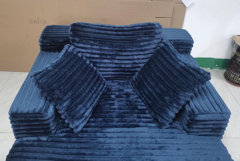 Living Room Compressed Chaise Lounge Foam Sofa bed, Fluffy Corduroy Upholstered Cloud Couch with Deep Seat, Blue